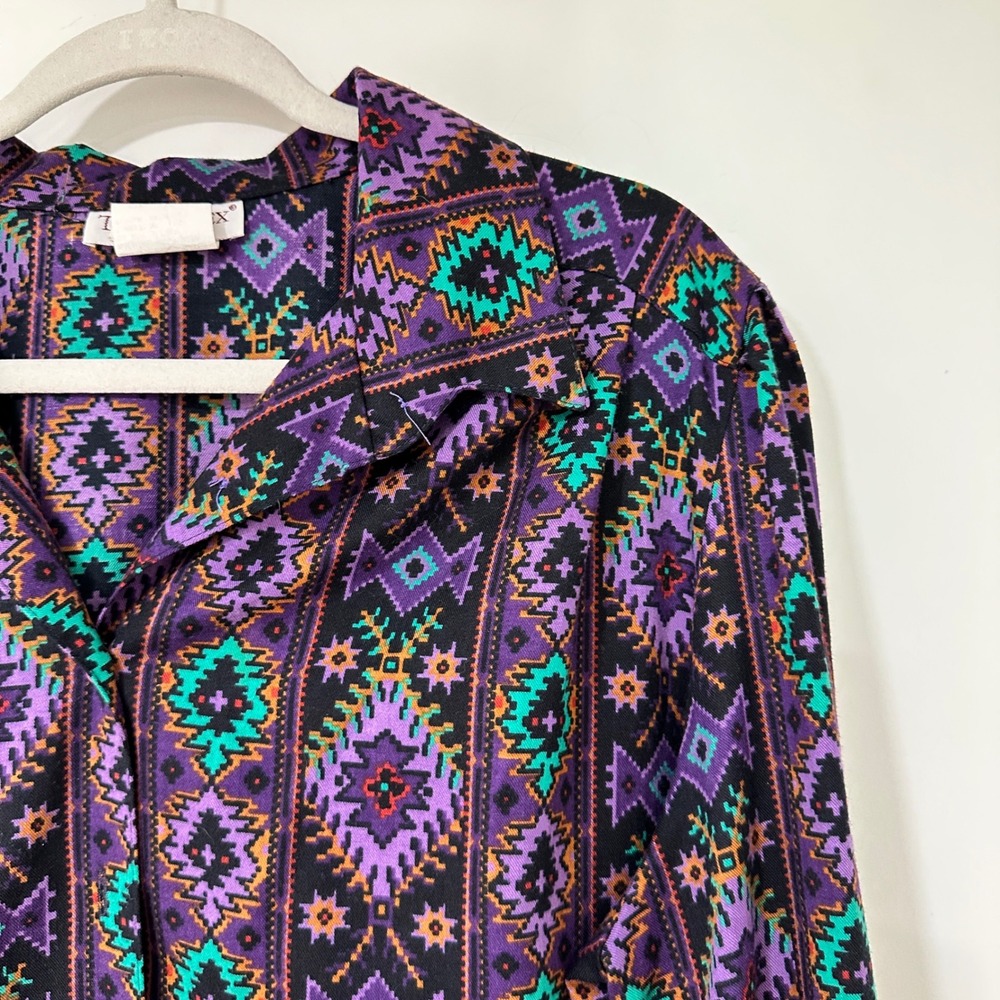 TailorFlex Vintage Southwestern Shirt Women 16 Purple Geometric Made in USA 90s